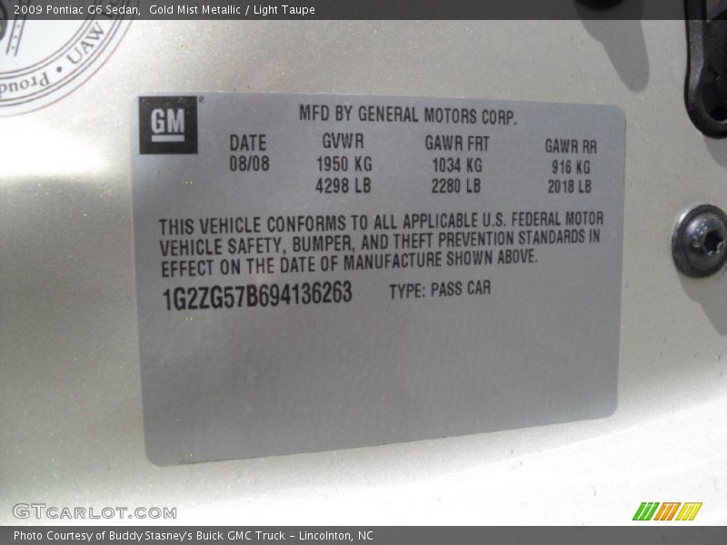 Gold Mist Metallic / Light Taupe 2009 Pontiac G6 Sedan