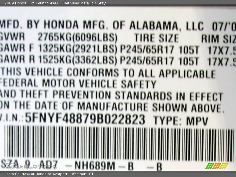 Billet Silver Metallic / Gray 2009 Honda Pilot Touring 4WD