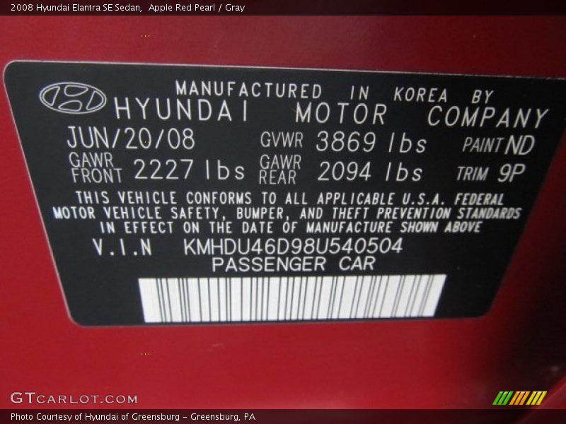 Apple Red Pearl / Gray 2008 Hyundai Elantra SE Sedan