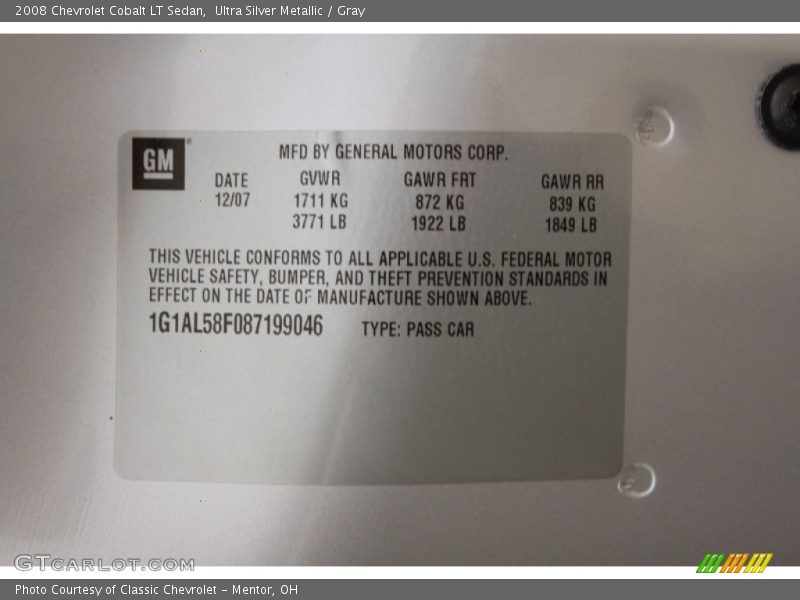 Ultra Silver Metallic / Gray 2008 Chevrolet Cobalt LT Sedan