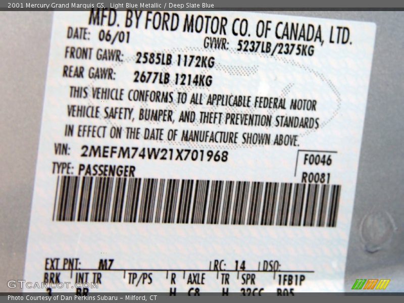 2001 Grand Marquis GS Light Blue Metallic Color Code M7