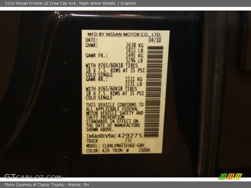 Night Armor Metallic / Graphite 2010 Nissan Frontier LE Crew Cab 4x4