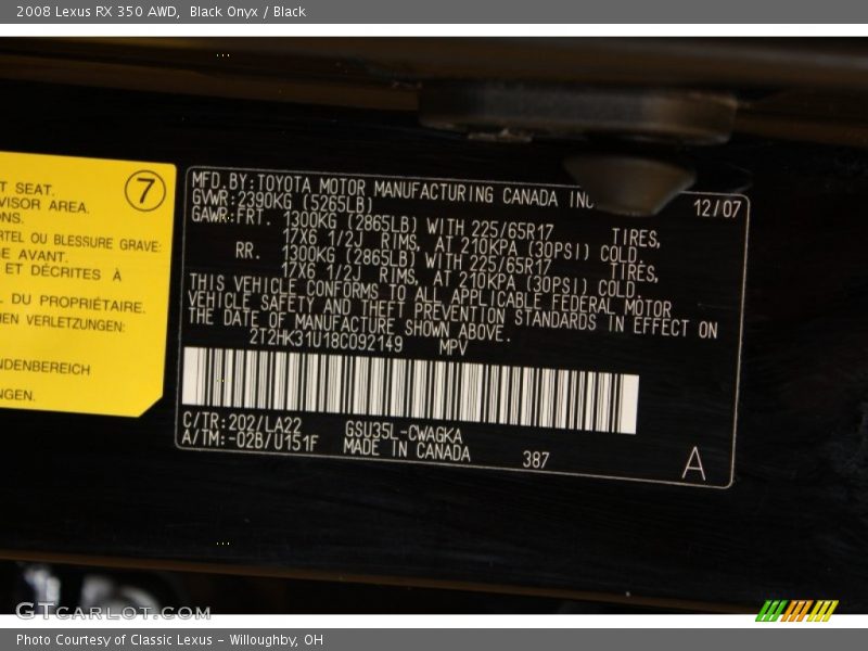 Black Onyx / Black 2008 Lexus RX 350 AWD
