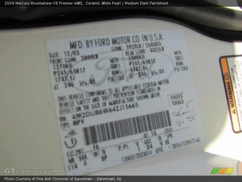 2004 Mountaineer V8 Premier AWD Ceramic White Pearl Color Code F6
