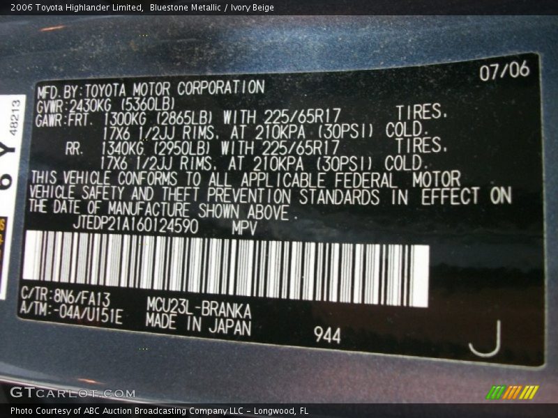 Bluestone Metallic / Ivory Beige 2006 Toyota Highlander Limited