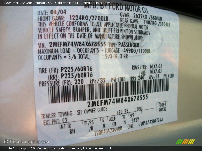 Gold Ash Metallic / Medium Parchment 2004 Mercury Grand Marquis GS