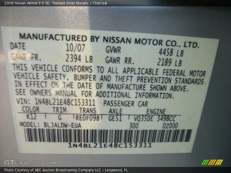 Radiant Silver Metallic / Charcoal 2008 Nissan Altima 3.5 SE