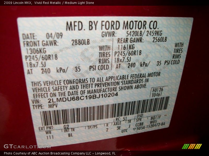 Vivid Red Metallic / Medium Light Stone 2009 Lincoln MKX