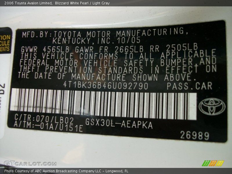 Blizzard White Pearl / Light Gray 2006 Toyota Avalon Limited
