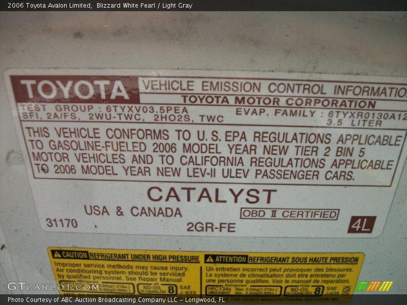 Blizzard White Pearl / Light Gray 2006 Toyota Avalon Limited