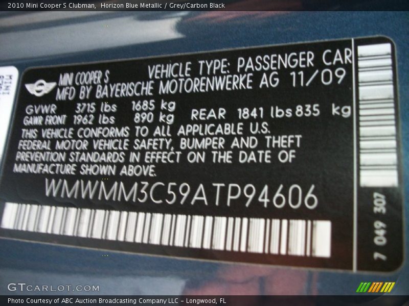 Horizon Blue Metallic / Grey/Carbon Black 2010 Mini Cooper S Clubman