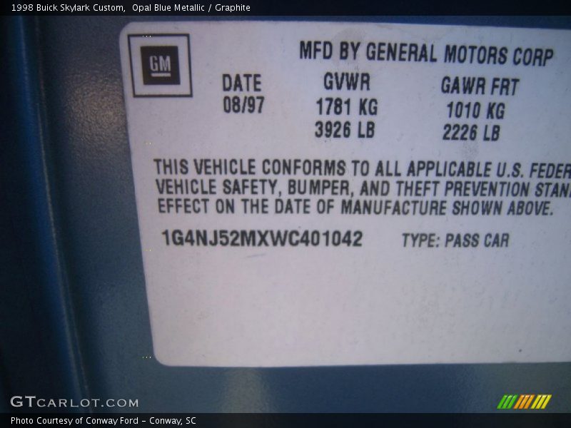 Opal Blue Metallic / Graphite 1998 Buick Skylark Custom