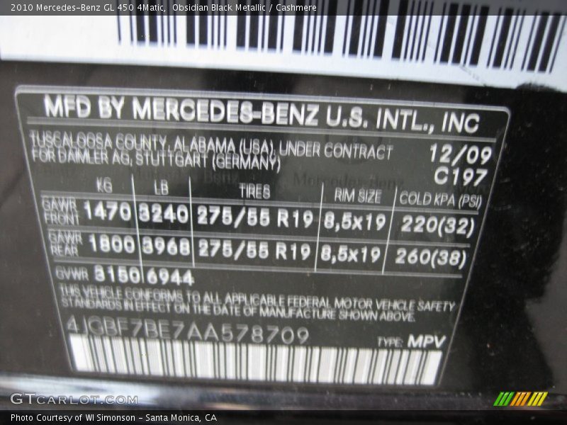 2010 GL 450 4Matic Obsidian Black Metallic Color Code 197