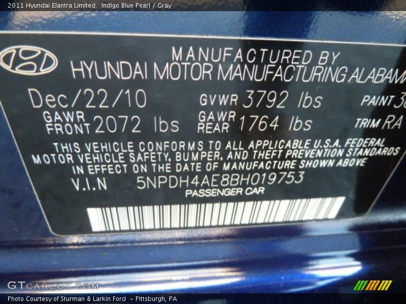 Indigo Blue Pearl / Gray 2011 Hyundai Elantra Limited