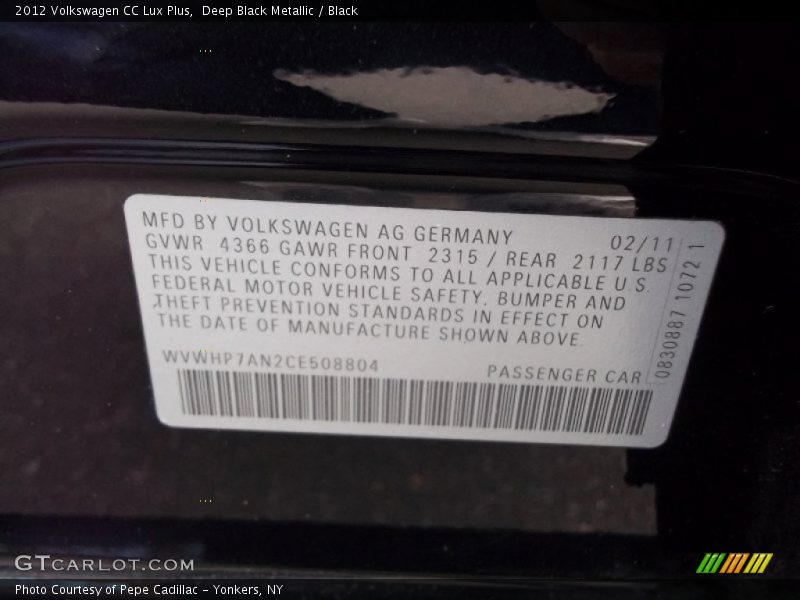 Deep Black Metallic / Black 2012 Volkswagen CC Lux Plus