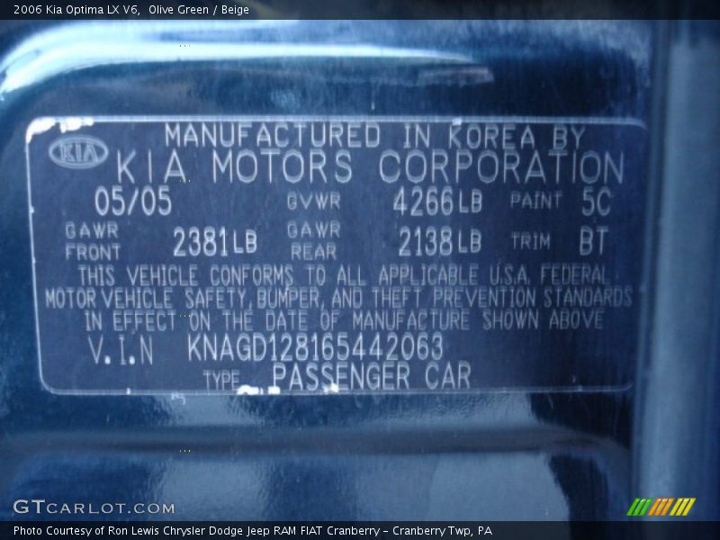 Olive Green / Beige 2006 Kia Optima LX V6