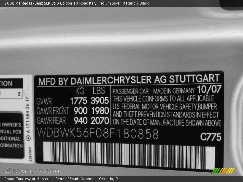 Iridium Silver Metallic / Black 2008 Mercedes-Benz SLK 350 Edition 10 Roadster