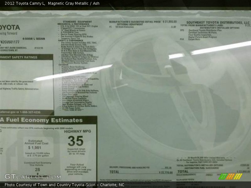 Magnetic Gray Metallic / Ash 2012 Toyota Camry L