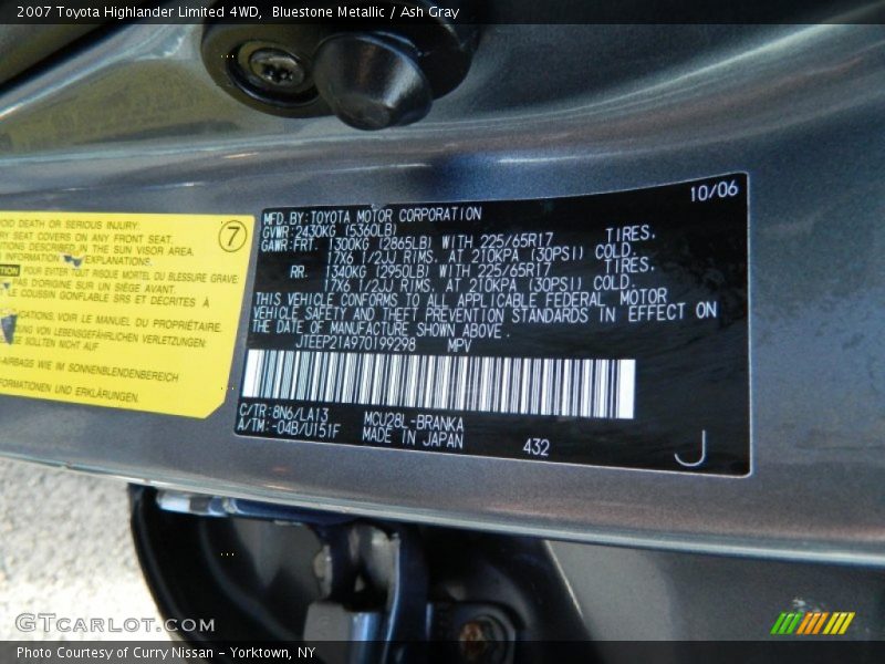 Bluestone Metallic / Ash Gray 2007 Toyota Highlander Limited 4WD