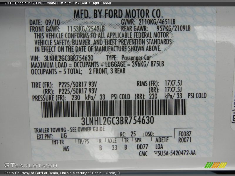 White Platinum Tri-Coat / Light Camel 2011 Lincoln MKZ FWD