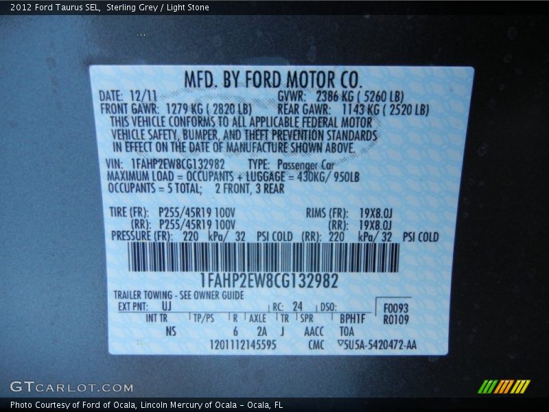 Sterling Grey / Light Stone 2012 Ford Taurus SEL