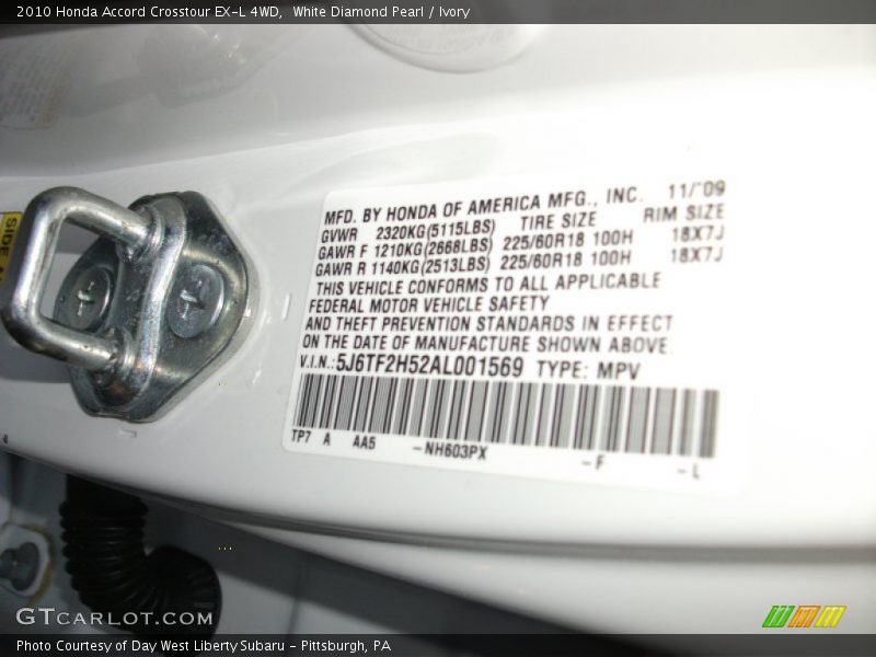2010 Accord Crosstour EX-L 4WD White Diamond Pearl Color Code NH603PX