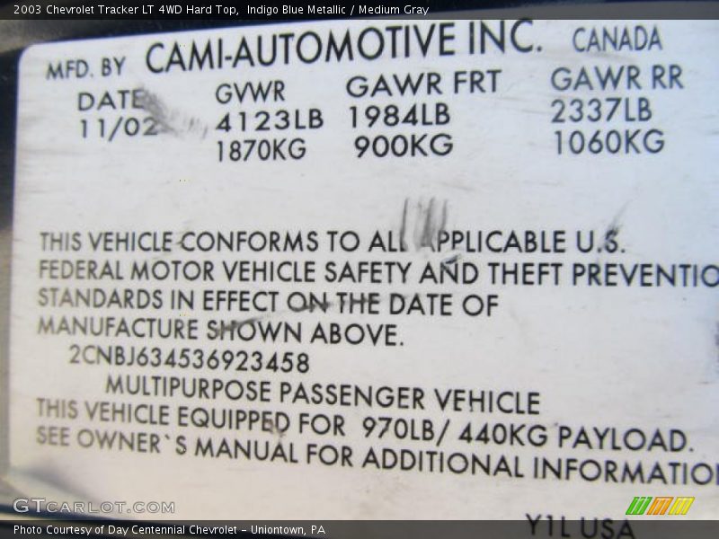 Indigo Blue Metallic / Medium Gray 2003 Chevrolet Tracker LT 4WD Hard Top