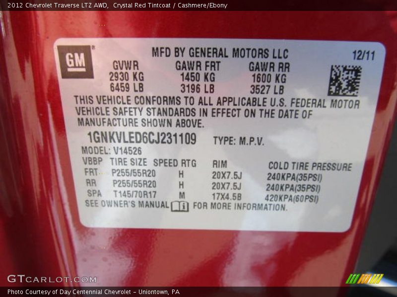 Crystal Red Tintcoat / Cashmere/Ebony 2012 Chevrolet Traverse LTZ AWD