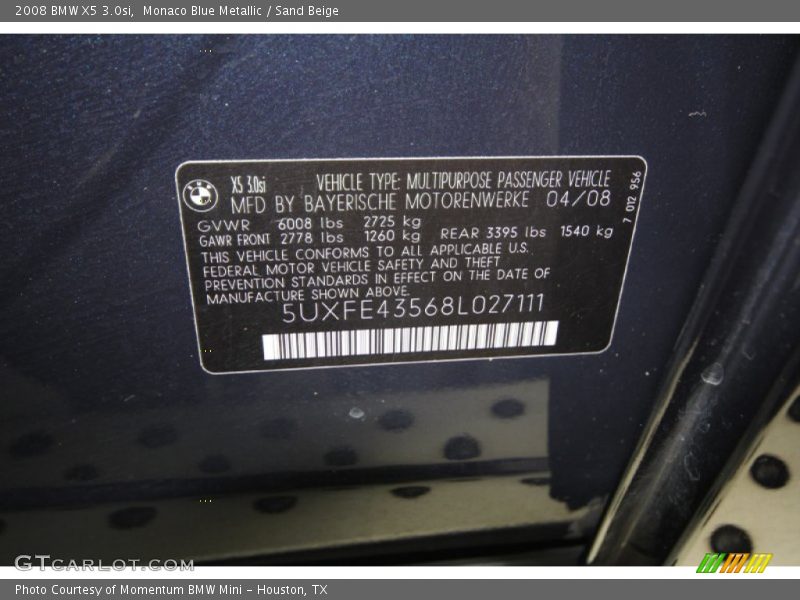 Monaco Blue Metallic / Sand Beige 2008 BMW X5 3.0si