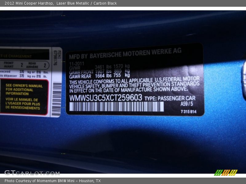 Laser Blue Metallic / Carbon Black 2012 Mini Cooper Hardtop