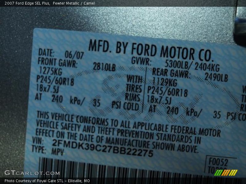 Pewter Metallic / Camel 2007 Ford Edge SEL Plus