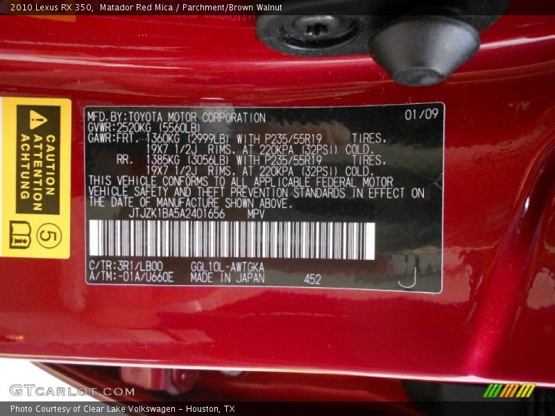 2010 RX 350 Matador Red Mica Color Code 3R1