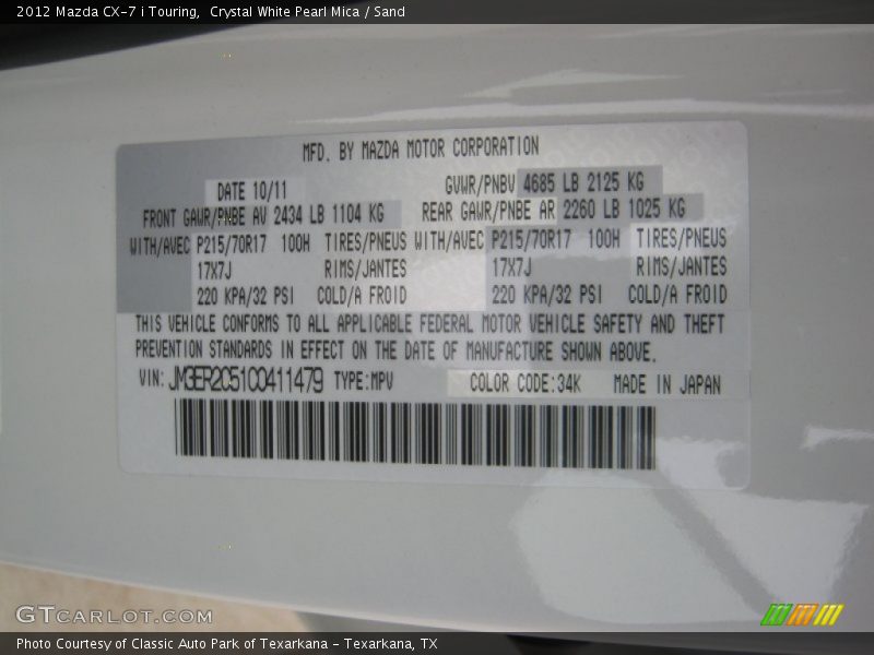 Crystal White Pearl Mica / Sand 2012 Mazda CX-7 i Touring