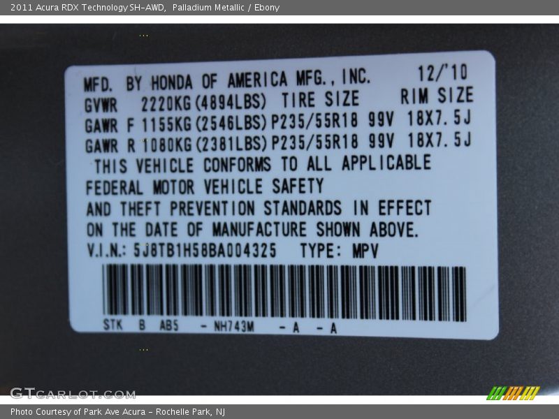 2011 RDX Technology SH-AWD Palladium Metallic Color Code NH743