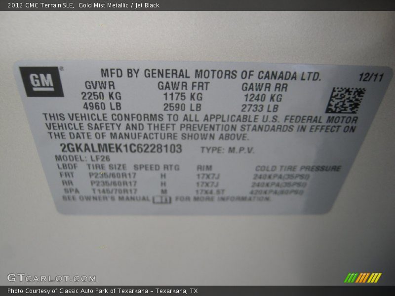 Gold Mist Metallic / Jet Black 2012 GMC Terrain SLE