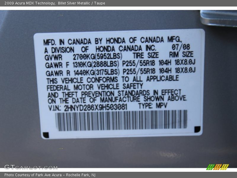 Billet Silver Metallic / Taupe 2009 Acura MDX Technology