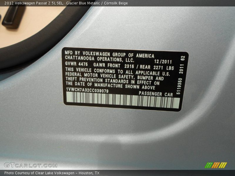 Glacier Blue Metallic / Cornsilk Beige 2012 Volkswagen Passat 2.5L SEL