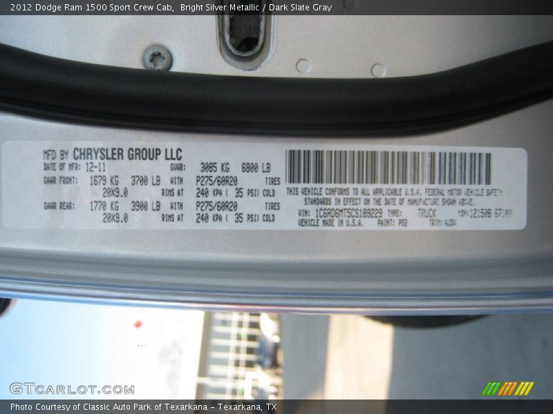 Bright Silver Metallic / Dark Slate Gray 2012 Dodge Ram 1500 Sport Crew Cab