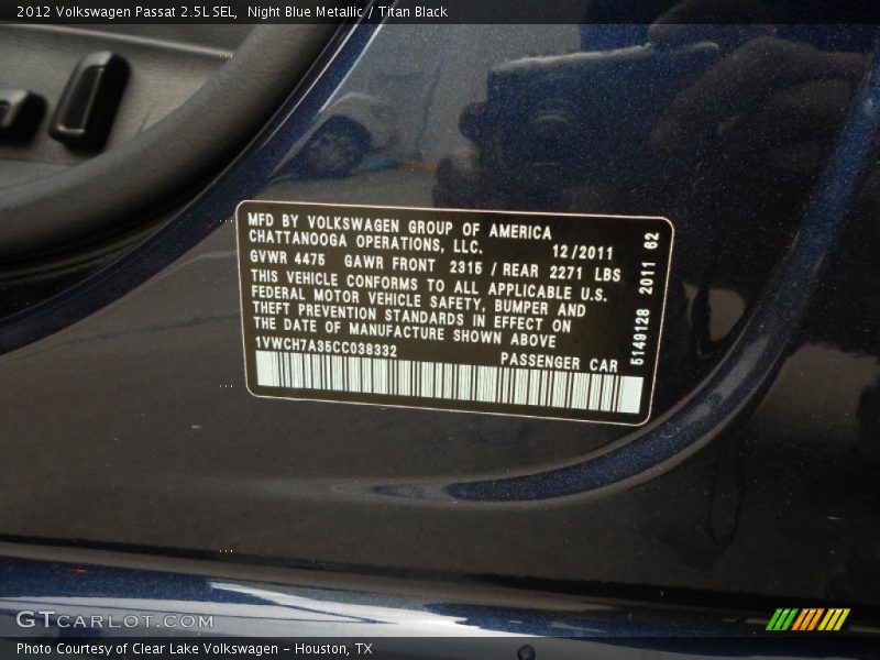 Night Blue Metallic / Titan Black 2012 Volkswagen Passat 2.5L SEL
