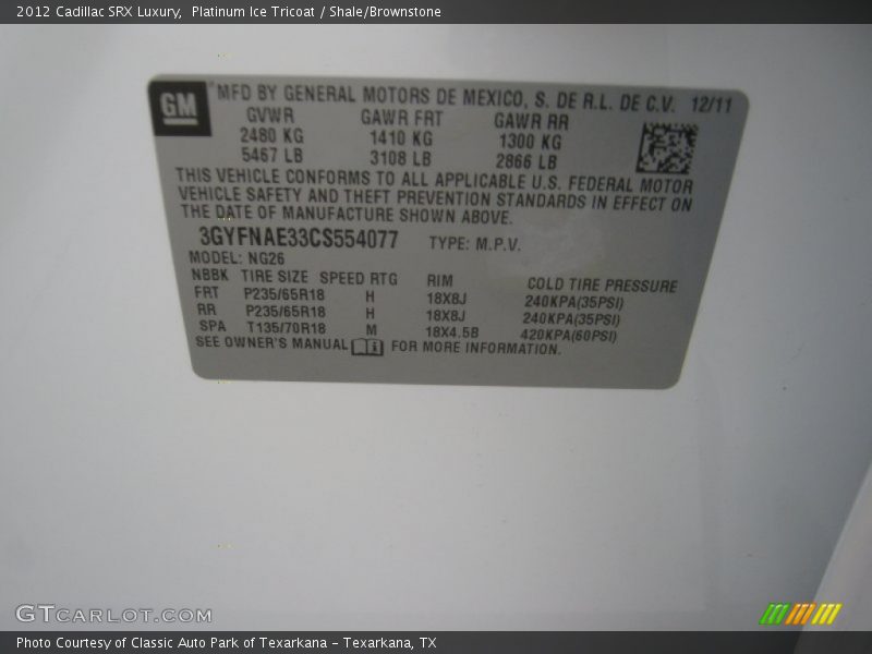 Platinum Ice Tricoat / Shale/Brownstone 2012 Cadillac SRX Luxury