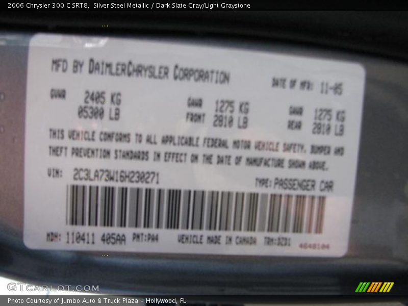 Silver Steel Metallic / Dark Slate Gray/Light Graystone 2006 Chrysler 300 C SRT8