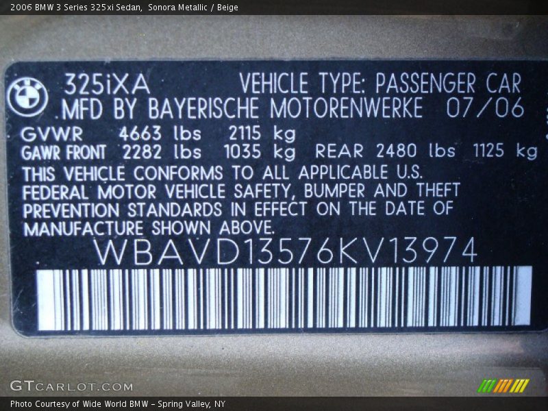 Info Tag of 2006 3 Series 325xi Sedan