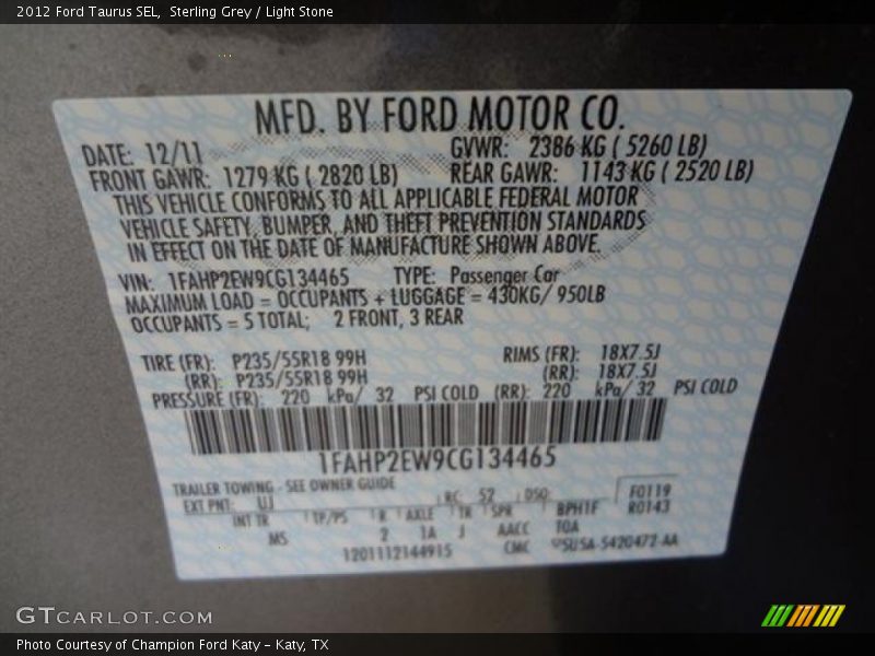 Sterling Grey / Light Stone 2012 Ford Taurus SEL