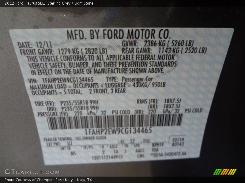 Sterling Grey / Light Stone 2012 Ford Taurus SEL
