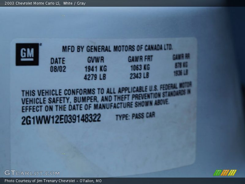 White / Gray 2003 Chevrolet Monte Carlo LS