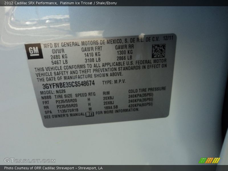 Platinum Ice Tricoat / Shale/Ebony 2012 Cadillac SRX Performance