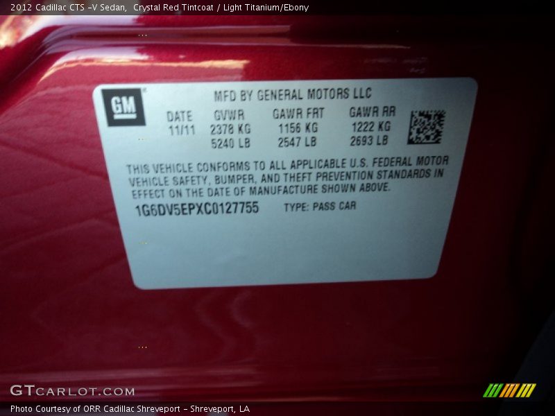 Crystal Red Tintcoat / Light Titanium/Ebony 2012 Cadillac CTS -V Sedan