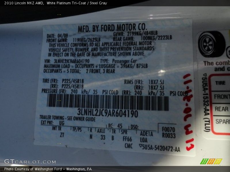 White Platinum Tri-Coat / Steel Gray 2010 Lincoln MKZ AWD