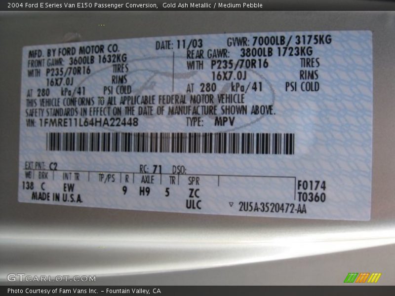 2004 E Series Van E150 Passenger Conversion Gold Ash Metallic Color Code C2