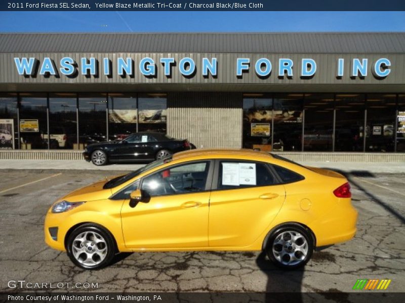 Yellow Blaze Metallic Tri-Coat / Charcoal Black/Blue Cloth 2011 Ford Fiesta SEL Sedan
